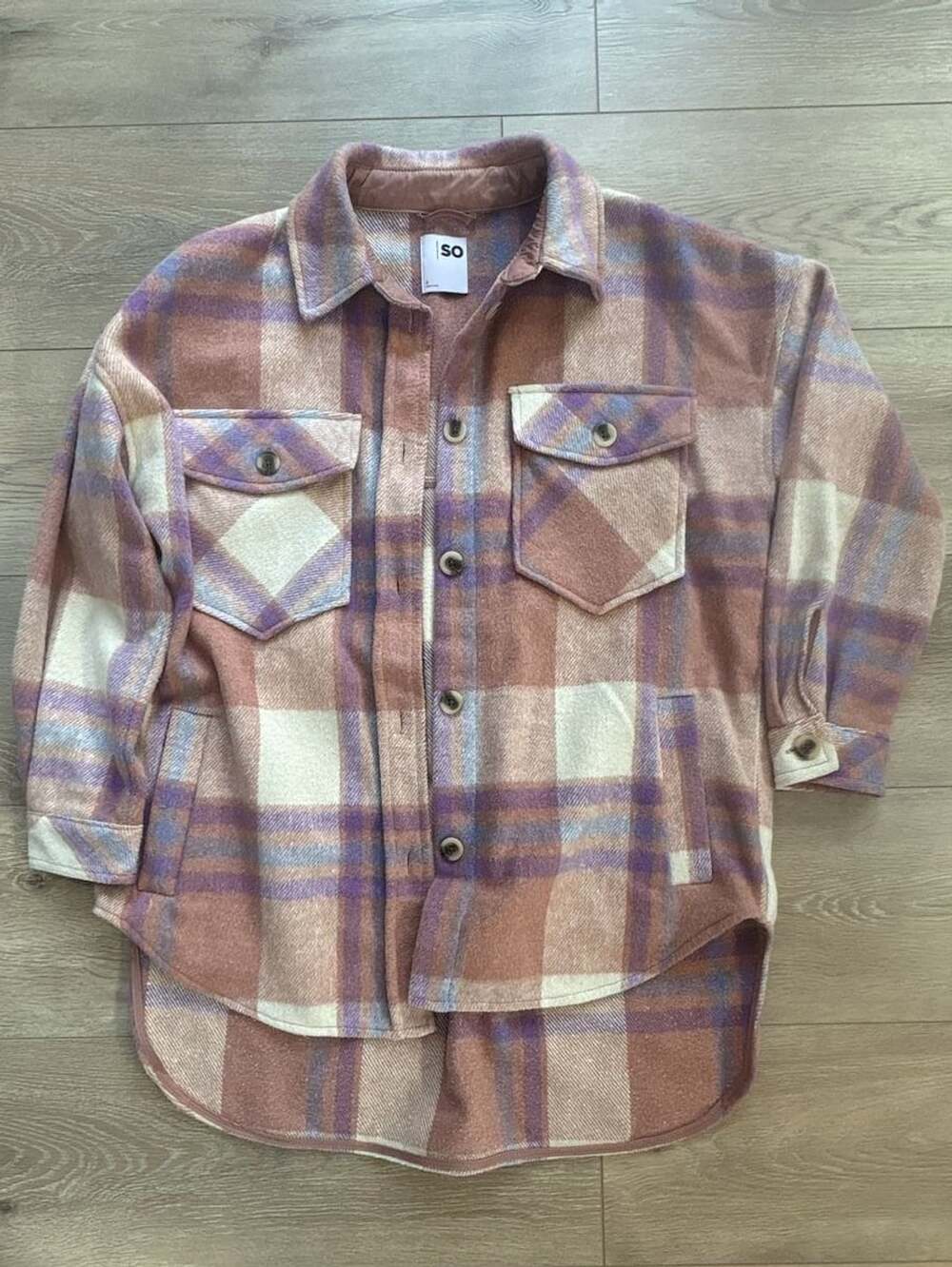 SO Plaid Shacket Size S Pink Purple Button-Up Flannel Jacket